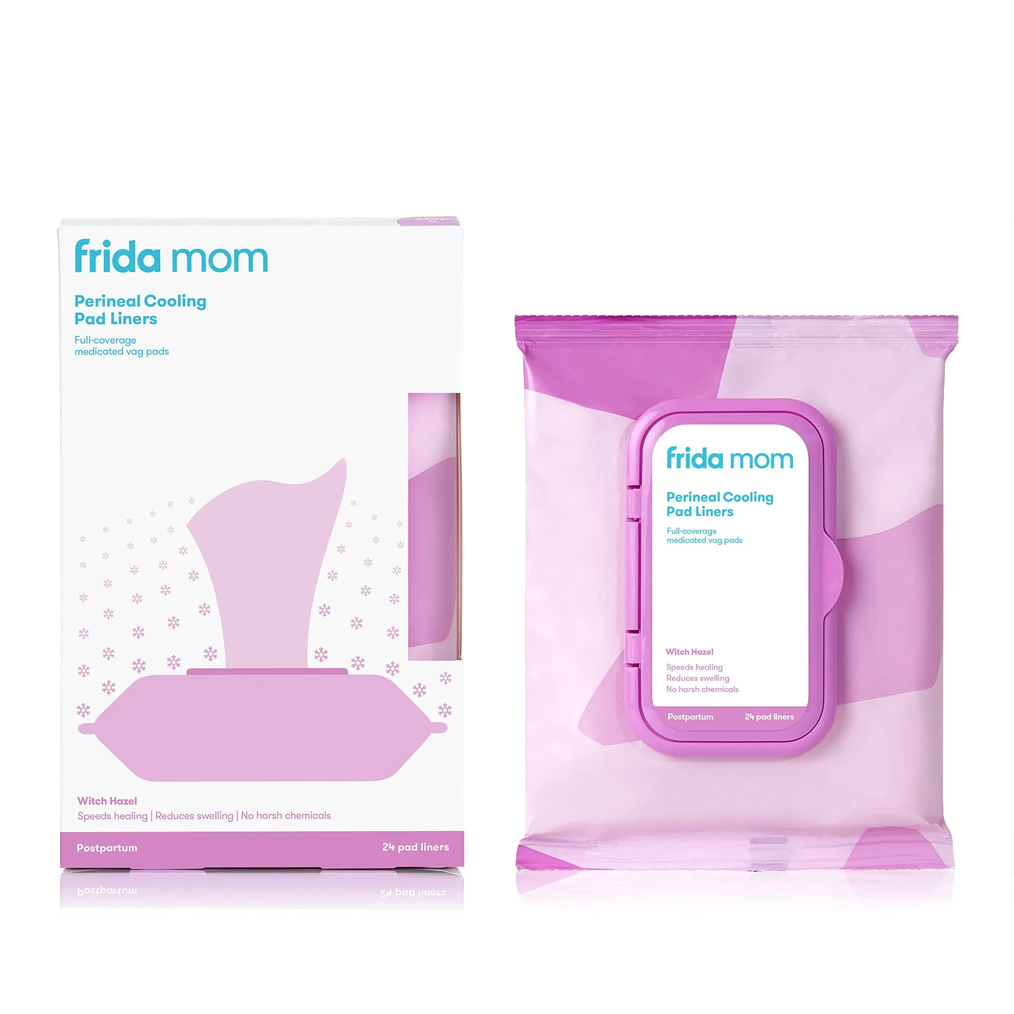 Bundle of Frida Mom Witch Hazel Perineal Cooling Pad Liners (24ct)   Frida Mom Upside Down Peri Bottle for Postpartum Care