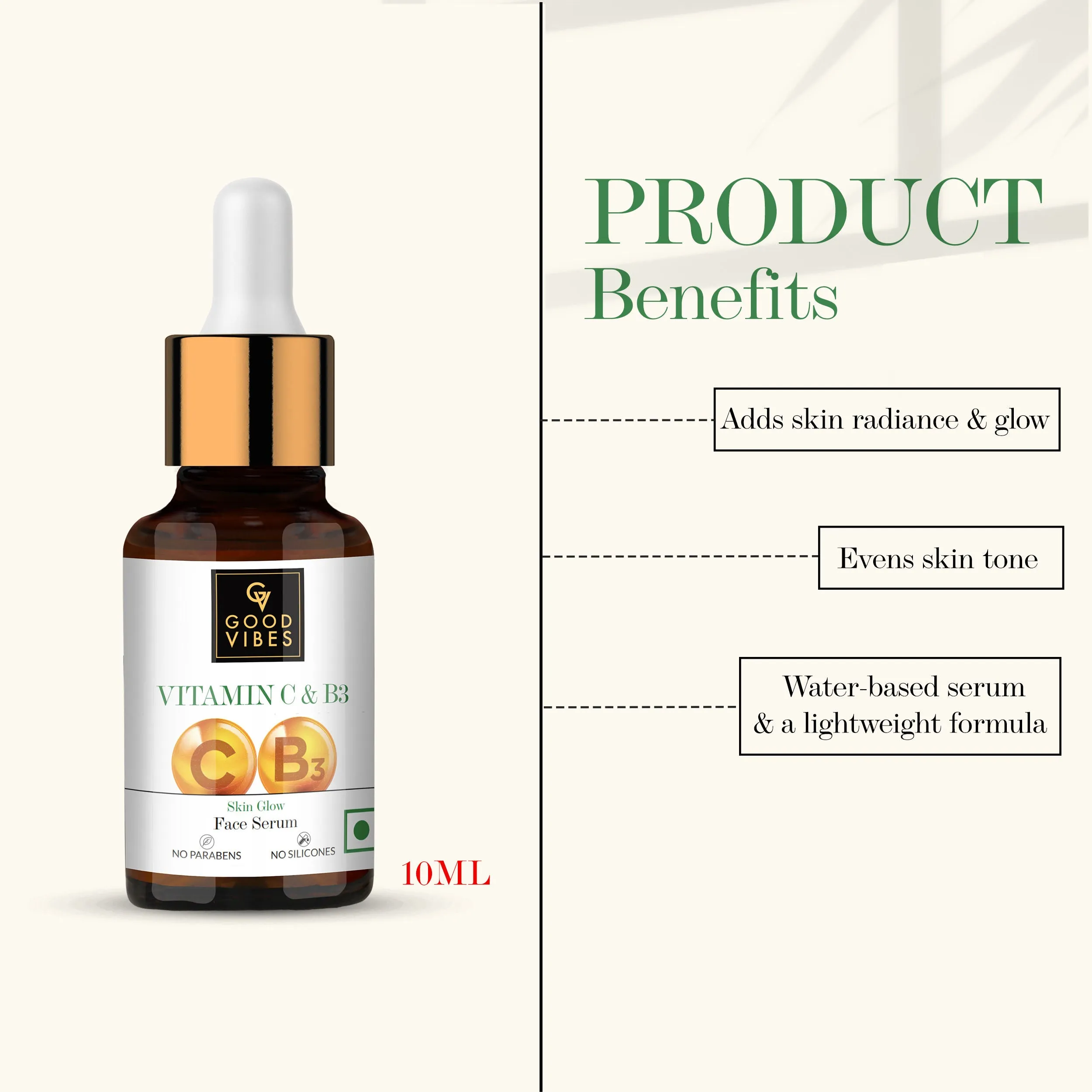 Good Vibes Vitamin C & B3 Skin Glow Face Serum | With Orange | Easy Absorption | No Parabens, No Silicones, No Sulphates, No Animal Testing (10 ml)